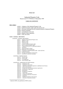 Industrial Property Code Decree-Law Nº 97/99/M of 13 December 1999