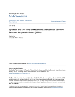 Synthesis and SAR Study of Meperidine Analogues As Selective Serotonin Reuptake Inhibitors (Ssris)