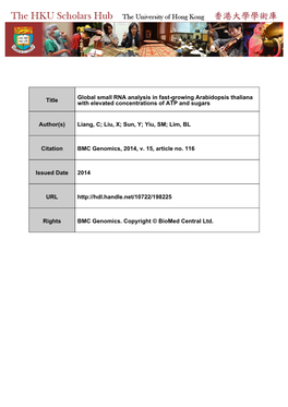 Global Small RNA Analysis in Fast-Growing Arabidopsis Thaliana Title with Elevated Concentrations of ATP and Sugars