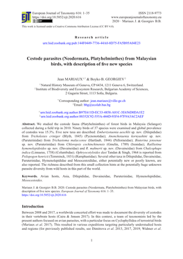 Cestode Parasites (Neodermata, Platyhelminthes) from Malaysian Birds, with Description of Five New Species