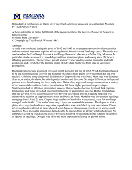 Reproductive Mechanisms of Plains Silver Sagebrush Artemisia Cana