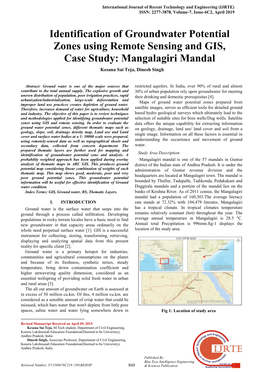 Identification of Groundwater Potential Zones Using Remote Sensing and GIS, Case Study: Mangalagiri Mandal