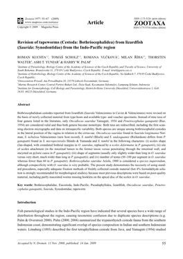 Zootaxa, Revision of Tapeworms (Cestoda: Bothriocephalidea) From