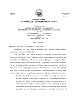 Testimony of Roderick K. Becker, Comptroller Department of Accounting and General Services to the House Committee on Finance Wednesday, February 28, 2018 11:00 A.M