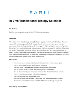 In Vivo/Translational Biology Scientist