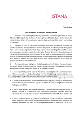 Press Release Official Opening of the Istana Heritage Gallery President