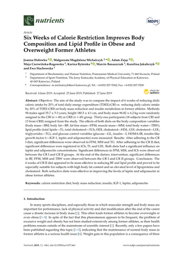 Six Weeks of Calorie Restriction Improves Body Composition and Lipid Proﬁle in Obese and Overweight Former Athletes