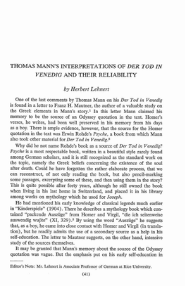 THOMAS MANN's INTERPRETATIONS of DER TOD in VENEDIG and TMEIR RELIABILITY by Herbert Lehnert