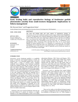 Food, Feeding Habit and Reproductive Biology of Freshwater Garfish (Xenentodon Cancila) from South‐Western Bangladesh: Implications to Fishery Management