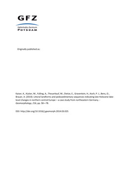 Littoral Landforms and Pedosedimentary Sequences Indicating Late Holocene Lake- Level Changes in Northern Central Europe – a Case Study from Northeastern Germany