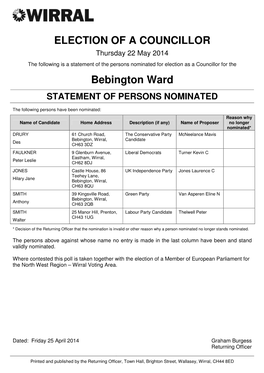 ELECTION of a COUNCILLOR Bebington Ward