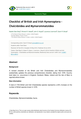 Checklist of British and Irish Hymenoptera - Chalcidoidea and Mymarommatoidea