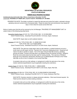 DEPARTMENT of NATURAL RESOURCES STATE of MICHIGAN TIMBER SALE PROSPECTUS #6522 SCHEDULED SALE DATE and TIME: 4:00 P.M