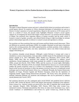 Women's Experiences with Sex Position Decisions in Heterosexual Relationships in Ghana Daniel Yaw Fiaveh Centre for Men's He