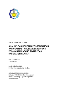 Analisis Dan Rencana Pengembangan Jaringan Distribusi Air Bersih Unit Pelayanan Cabang Timur Pdam Kabupaten Klaten