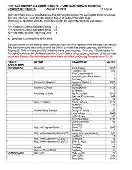 PORTAGE COUNTY ELECTION RESULTS – PARTISAN PRIMARY ELECTION CANDIDATE RESULTS August 14, 2018 (3 Pages)