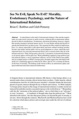 See No Evil, Speak No Evil? Morality, Evolutionary Psychology, and the Nature of International Relations Brian C