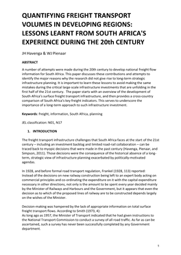 QUANTIFYING FREIGHT TRANSPORT VOLUMES in DEVELOPING REGIONS: LESSONS LEARNT from SOUTH AFRICA's EXPERIENCE DURING the 20Th CENTURY