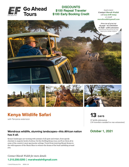 Kenya Wildlife Safari 13 DAYS with Tanzania Extension 17 with Extension (10 Travelers Needed to Run Extension)