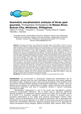 Geometric Morphometric Analysis of Three Spot Gourami, Trichopodus Trichopterus in Masao River, Butuan City, Mindanao, Philippines 1Manny P