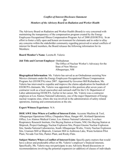 Conflict of Interest Disclosure Statement for Members of the Advisory Board on Radiation and Worker Health the Advisory Board On