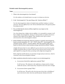 Periodic Trends: Electronegativity Answers. Name