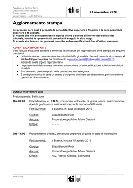 Aggiornamento Stampa Dei Processi Per I Quali È Proposta La Pena Detentiva Superiore a 15 Giorni O La Pena Pecuniaria Superiore a 15 Aliquote