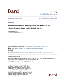 Black Creoles in New Orleans (1700-1971): the Life of the Educated, Talented, and Civilized Black Creoles