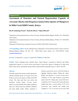 Assessment of Structure and Natural Regeneration Capacity of Avicennia Marina and Bruguiera Gymnorrhiza Species of Mangroves in Mida Creek Kilifi County, Kenya
