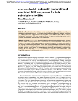 Annonex2embl: Automatic Preparation of Annotated DNA Sequences for Bulk Submissions to ENA Michael Gruenstaeudl1