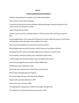 UNIT IV OTHER HUMANITARIAN MOVEMENTS Problems During Industrial Revolution Were Health and Sanitation. This Resulted in Many