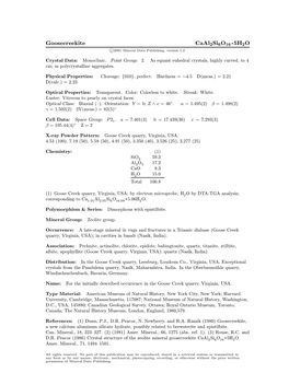 Goosecreekite Caal2si6o16 ² 5H2O C 2001 Mineral Data Publishing, Version 1.2 ° Crystal Data: Monoclinic