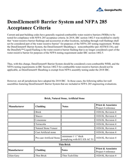 Denselement® Barrier System and NFPA 285 Acceptance Criteria