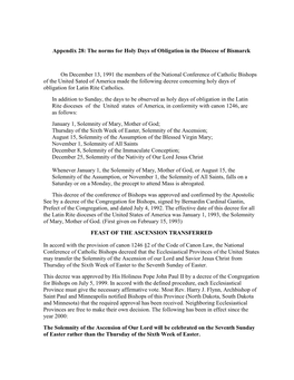 Appendix 28: the Norms for Holy Days of Obligation in the Diocese of Bismarck