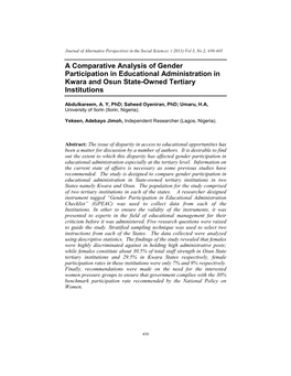 A Comparative Analysis of Gender Participation in Educational Administration in Kwara and Osun State-Owned Tertiary Institutions