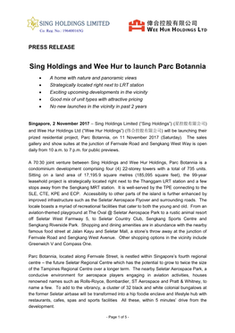 Sing Holdings and Wee Hur to Launch Parc Botannia