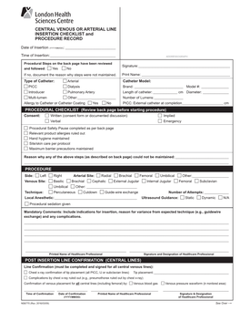 CENTRAL VENOUS OR ARTERIAL LINE INSERTION CHECKLIST and PROCEDURE RECORD