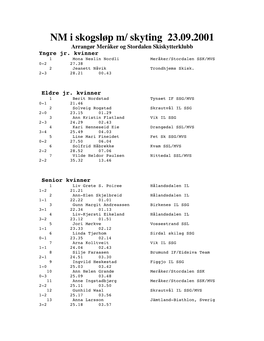 NM I Skogsløp M/ Skyting 23.09.2001 Arrangør Meråker Og Stordalen Skiskytterklubb Yngre Jr