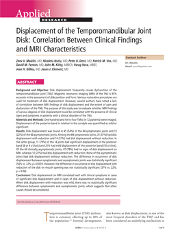 Displacement of the Temporomandibular Joint Disk: Correlation Between Clinical Findings and MRI Characteristics