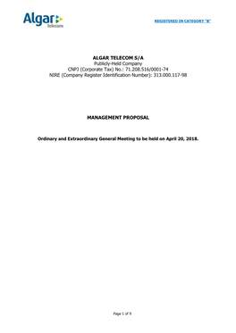 ALGAR TELECOM S/A Publicly-Held Company CNPJ (Corporate Tax) No.: 71.208.516/0001-74 NIRE (Company Register Identification Number): 313.000.117-98