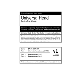 SPACE CRUSADE Pub: Milton Bradley/Games Workshop (1990) V1 Page 1: Rules Summary (Front) Apr 2010 Page 2: Rules Summary (Back)