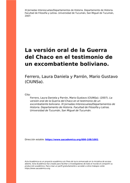 La Versión Oral De La Guerra Del Chaco En El Testimonio De Un Excombatiente Boliviano