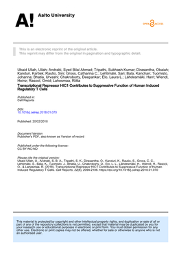 Transcriptional Repressor HIC1 Contributes to Suppressive Function of Human Induced Regulatory T Cells