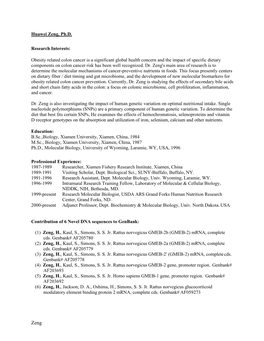 Huawei Zeng, Ph.D. Research Interests: Obesity Related Colon