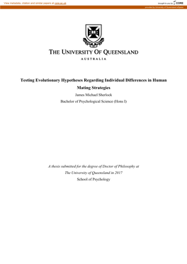 Testing Evolutionary Hypotheses Regarding Individual Differences in Human Mating Strategies James Michael Sherlock Bachelor of Psychological Science (Hons I)