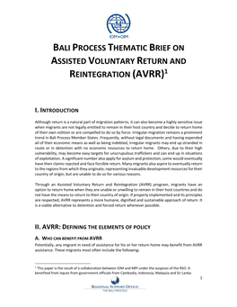 Bali Process Thematic Brief on Assisted Voluntary Return and Reintegration (Avrr)1