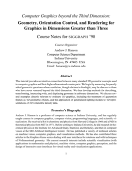 Computer Graphics Beyond the Third Dimension: Geometry, Orientation Control, and Rendering for Graphics in Dimensions Greater Than Three