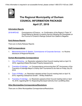 The Regional Municipality of Durham COUNCIL INFORMATION PACKAGE April 27, 2018