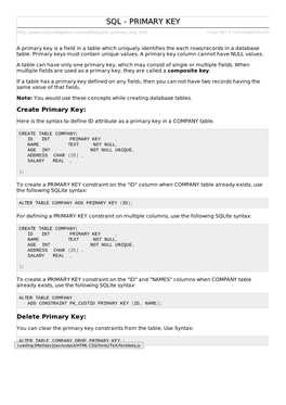 Sqlite/Sqlite Primary Key.Htm Copyright © Tutorialspoint.Com