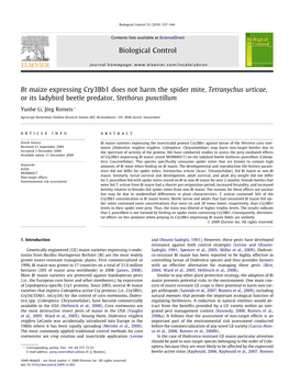 Bt Maize Expressing Cry3bb1 Does Not Harm the Spider Mite, Tetranychus Urticae, Or Its Ladybird Beetle Predator, Stethorus Punctillum